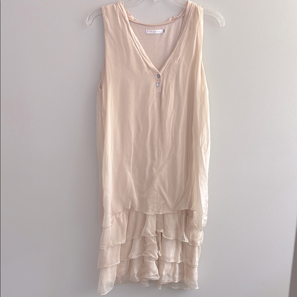 Luna Luz cream silk tiered flowy sleeveless dress